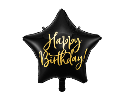 PD Foil Balloon Glossy Star Cursive Happy Birthday Black 1pkt 40CM 