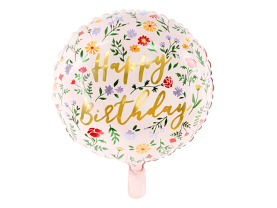 PD Foil Balloon Matte Round Cursive Happy Birthday Floral Pink 1pkt 35CM 